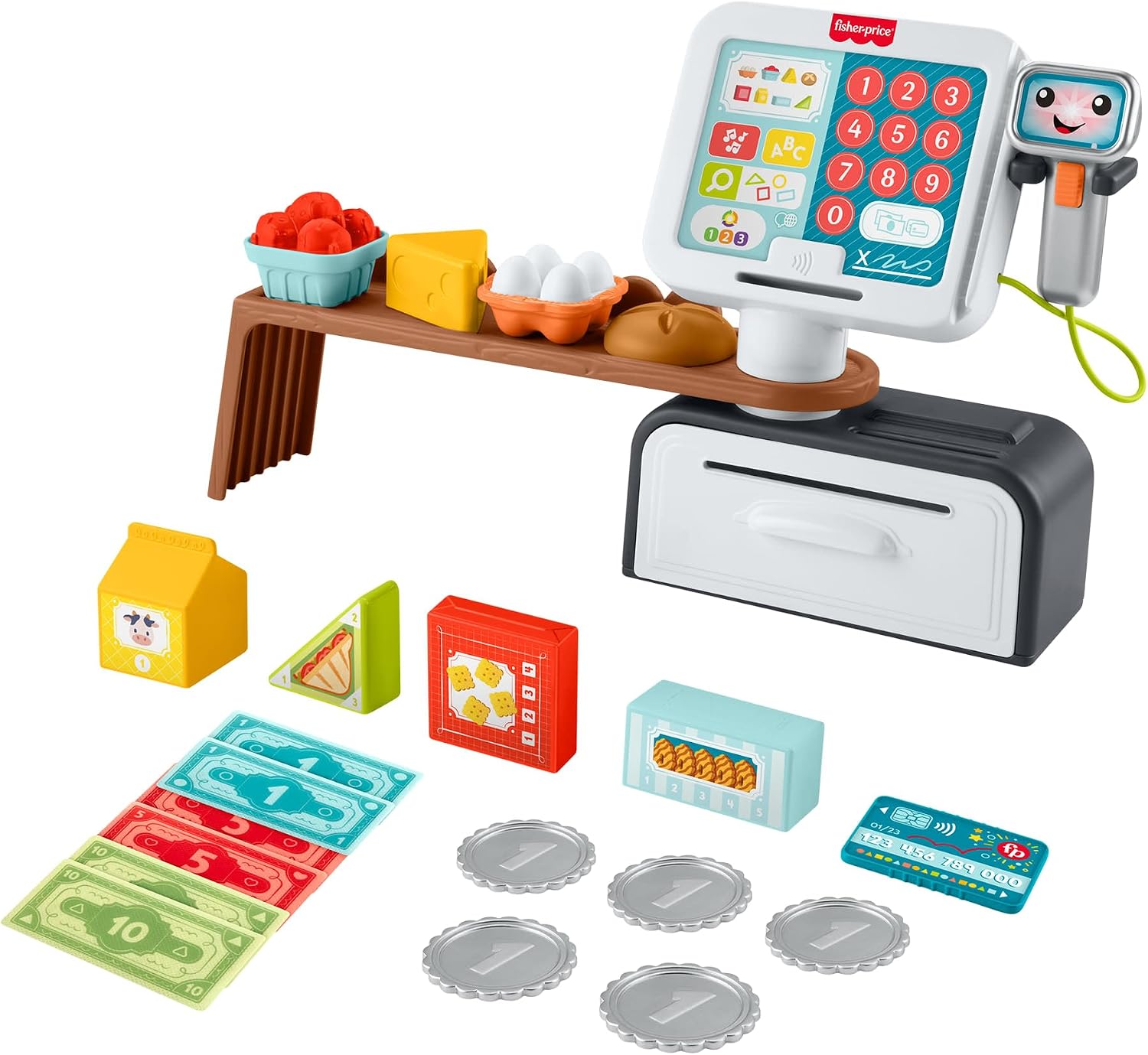 Fisher-Price Laugh & Learn Juguete de aprendizaje para niñas y niños pequeños Caja registradora para contar y comprar, tienda de juguete con 20 piezas, versión multilingüe, a partir de 2 años, JGX00