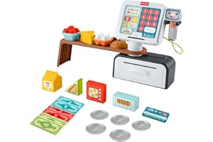 Fisher-Price Laugh & Learn Juguete de aprendizaje para niñas y niños pequeños Caja registradora para contar y comprar, tienda de juguete con 20 piezas, versión multilingüe, a partir de 2 años, JGX00