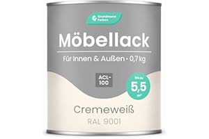 GRUNDMANN FARBEN Grundmann Möbellack ACL 100 - Weiss 0,7 Kg - Lösemittelfrei & Geruchsarm - 4in1 Möbelfarbe inkl. Grundierung - Innen und Außen - Für Holz, Metall & Kunststoff - RAL 9001 Cremeweiss