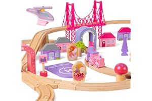 BIGJIGS TOYS Bigjigs Rail Fairy Town Wooden Train Set | Railway Toy for Kids Age 3+ | Wood Track with Model Fairytale Village | Comes with Pink Wood Accessories & Figures | Educational Gift for Girls and Boys