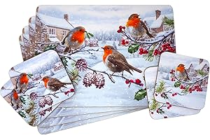 HMKCH BWG Set Of 4 Robin In Snow Scene Christmas Dinner Place Mats And Coasters