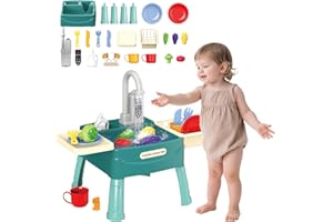 YIBEBE Évier de Jeu avec Eau Courante pour Enfants: Jouet d'évier de Cuisine avec Coupe de Fruits et légumes et Robinet de Travail Évier de Jouet avec Eau Courante Jouets (Green Color)