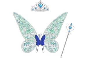 GothicBride 3 Stück Feenflügel Set Fairy Wings Erwachsene Flügel Kostüm Kinder für Karneval Geburtstag Halloween Weihnachten Cosplay Comic Con Themed Party Blau