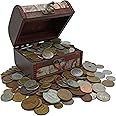 IMPACTO COLECCIONABLES Coin Collection - World Currency Treasure Chest with 1 kilo of Collectible Circulated Coins - 12 x 10 x 9 Decorative Wooden Box - Antique Coins for Collectors (COA Included)