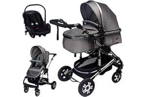 GaGaDumi Florida Kinderwagen 3 in 1 Komplettset mit Autositz - Baby Stroller TÜV - Kombikinderwagen Komplettset Voll-Gummireifen - Wickeltasche Grau/Silber