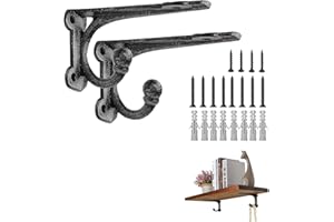 ChasBete Small Shelf Brackets 2 Pieces, Heavy Duty Shelf Brackets 10cm, Black Shelf Brackets with Hooks, Metal Wall Floating Shelf Brackets