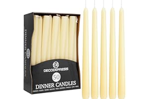 DECO EXPRESS Candles Set Classic Dripless Tapered Metallic Unscented 8H Burning Time, Decorative Dinner Candles for Restaurant Home Christmas (Ivory, 50 Pack)