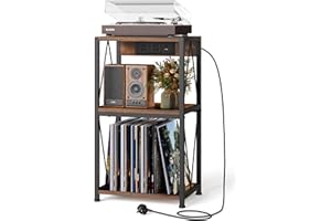 HFHOME Record Player Stand with Charging Station, 3 Tier End Table with Vinyl Record Storage, Record Player Table with Storage, Turntable Stand for Vinyl Player in Living Room Bedroom