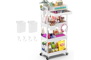 ‎YEABETT Yeabett 4 Etagen Aufbewahrungswagen mit Schublade, Allzweckwagen mit Kunststoffablage & feststellbaren Rädern, multifunktionaler Aufbewahrungswagen für Küche, Bad, Büro, Wohnzimmer, Weiß