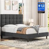 Yaheetech Square Padded Double Bed Frame 140&times;200cm Height Adjustable | Upholstered Tufted Bed Frame Wooden Slat Support Metal