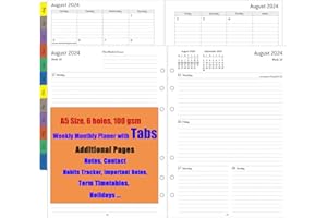 YHH Planer tygodniowy 2024/2025, wkład A5, 6 otworów, 1 tydzień 2 strony z zakładkami, dodatkowe notatki, kontakt z sierpniem 24-lipca 25, 100 i 140 g/m², papier uzupełniający do segregatorów A5, 6