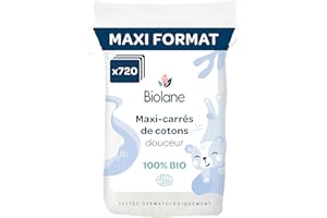 BIOLANE - Lot de 12 Maxi-Carrés de cotons - Bébé - 100% Bio - 720 Cotons - Peaux sensibles - Change & Toilette - Dès la naissance - Fabriqués en France