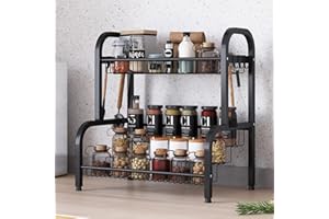 UMDONX Spices Organizers,Spice Rack 2 Tier Kitchen Countertop Standing Storage Organizer Stainless Steel Spice Bottle Jars Rack Holder with 8 Hooks