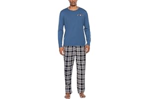 Ekouaer Herren Schlafanzug Lang Pyjama Baumwolle Langarm Shirt mit Tasche Pyjamahose Zweiteilig Set Nachtwäsche