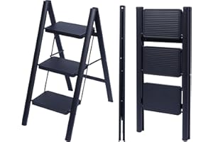 UZIRO Escalera Plegable 3 Peldaños, Escaleras Decorativa, Peldaños Anchos Antideslizantes, Ideal para Uso en Hogar, Cocina y Oficina, Fácil de Guardar y Transportar, Resistente (Negro, 3 Peldaños)