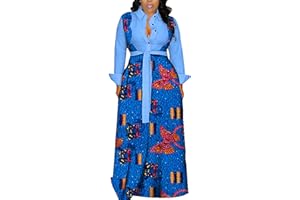 RICOCHO Women's African Long Shirt Dress V-Neck Kente Ankara Print Belted Maxi Dress Dashiki Traditional Dress