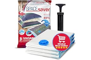 Spacesaver Bolsas de vacio Ropa Premium, 80% Más de Almacenamiento, Bomba para Viajes, Sello de Doble Cierre y válvula Turbo con Triple Sellado, Bolsas Vacío Ahorro de Espacio-Pequeñas 3 Piezas