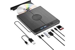 YAEONKU Lecteur CD DVD Externe pour PC ,USB 3.0 Type-C CD/DVD +/-RW Lecteur DVD externe avec 4 Ports USB et Fente SD/TF,Mince Transmission Rapide Câble USB Intégrée pour Windows 11-7/XP Vista Linux Mac OS
