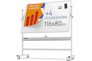 KAMELLEO Rolling Magnetic Whiteboard 116 x 80 cm - Large Portable Dry Erase Board with Stand - Double Sided Easel Style Whiteboard with Wheels - Mobile Standing Whiteboard for Office, Classroom & Home