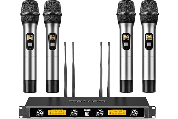 TONOR Système de Micros sans Fil avec 4x5 Canaux, Microphones à Main sans Fil en Métal, 4 Antennes pour Une Portée de 90m UHF, Signal Stable pour Le Chant, la Fête, l'église, Le Karaoké, Argent