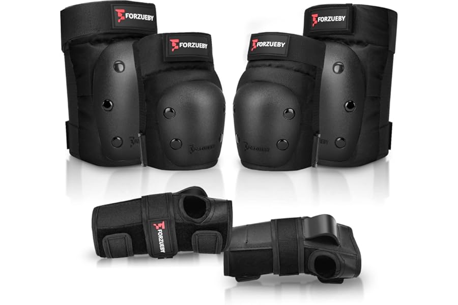 Forzueby Adult/Kids Knee Pads Elbow Pads Wrist Guards 6 in 1 Protective Gear Set for Inline Roller Skating Skateboarding Scooter BMX etc.