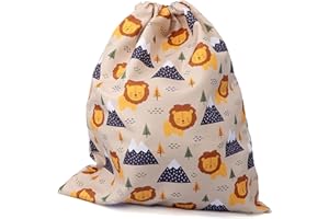 ETIKIDS - Bolsa de Merienda Infantil Reutilizable, Ideal para Colegio, Lavable, Cierre con Cuerda, Plegable y Compacta, 24x29 cm, Color León, Material Tela