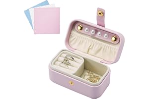 DOZNOZRI Mini Jewellery Box Organiser, Portable PU Leather Travel Storage Case with 3pcs Silver Polishing Cloth for Bracelets Rings Earrings Gift Box for Girls Women Mother (Mini Pink)