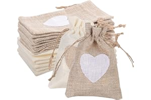 Hemiks 20pcs Sachets en Toile de Jute10 *14cm, Pochettes Sachets en Lin avec Motif de Coeur Petit Pochette avec Cordon pour Stocker Bonbons Bijoux Artisanat Anniversaire Noël Calendrier de l'Avent