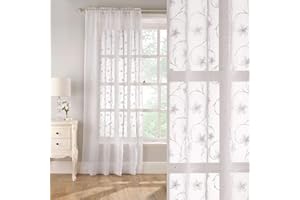 Supplied by Maple Textiles WHITE EMBROIDERED SILVER SEQUIN SPARKLE Floral Design Linen Look Voile Net Curtain Panel Slot Top Heading 55" x 72"