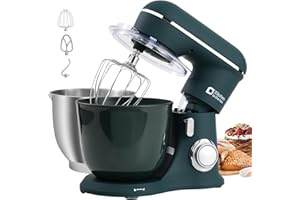 Kitchen in the box Robot Pâtissier, 4.5L+5L 2Bols Robots de Cuisine, 10 Vitesses Batteur Electrique Cuisine, 1300W Pétrin Professionnel avec Fouet, Batteur, Crochet (Vert foncé)