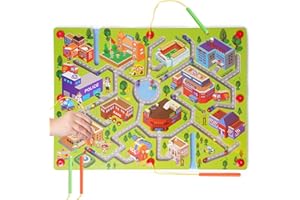 HOMCENT Wooden Labyrinth Magnet Toy, Urban Traffic Magnetic Maze Game, Wooden Activity Board Educational Interactive Maze Puzzle Game for 3+ Boys and Girls