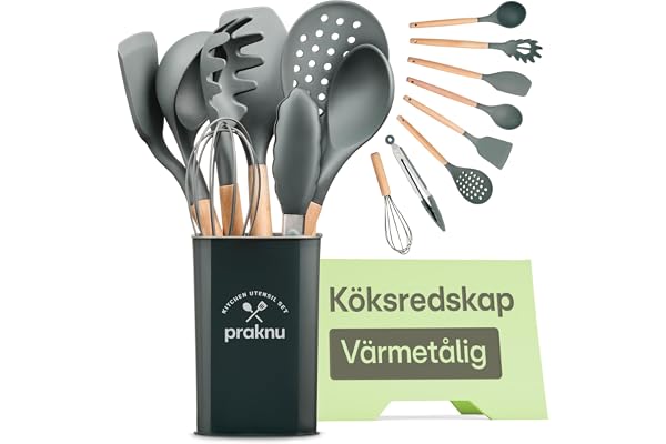 Praknu 8 Köksredskap Silikon Grå - Kitchen Utensils Set - Köksredskapsset | Värmebeständiga till 270 °C, skonsamma mot belagda grytor, livsmedelssäkra, trähandtag med upphängningsögla, hållare ingår