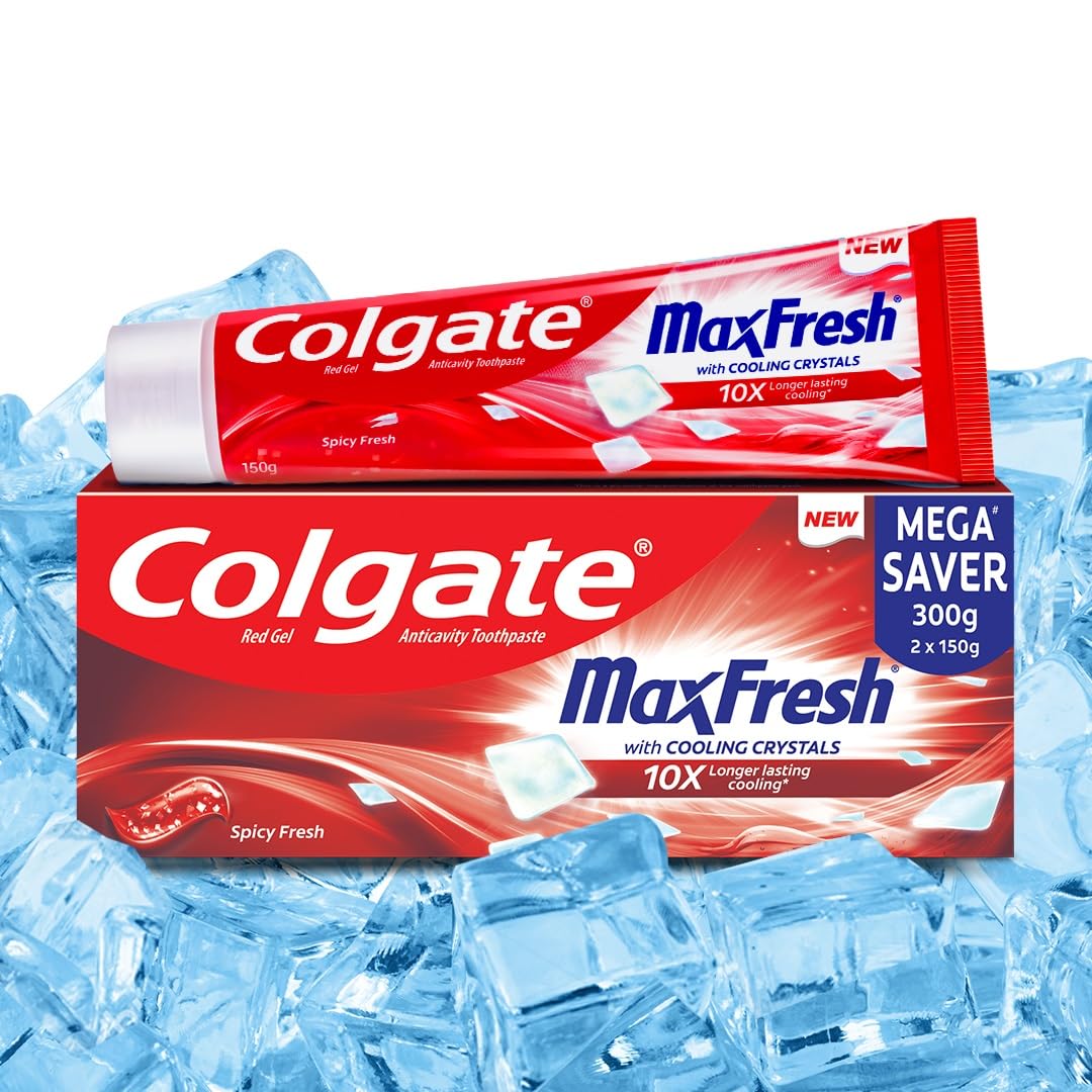 Colgate MaxFresh Toothpaste, Red Gel Tooth Paste with Menthol for Super Fresh Breath, 300g, 150g X 2 (Spicy Fresh) (Combo Pac
