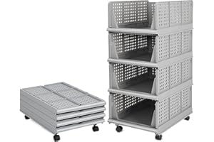 BOSSJOY 4er Set stapelbarer Schrank-Aufbewahrungsbox-Organizer (einfach zu öffnen und zu falten), Kunststoff-Garderoben-Schrank-Organizer-Box für Zuhause, Schlafzimmer, Küche, Grau