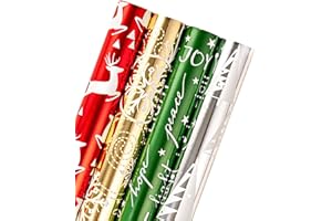 RUSPEPA Rollo De Papel De Regalo Navideño - Copos De Nieve Rojos, Verdes, Dorados Y Plateados Colección Navideña Con Lámina Metálica Brillo - 4 Rollos - 76Cm X 305Cm Por Rollo