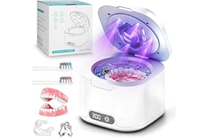 WOXOVO Limpiador Ultrasónico, 49000Hz Limpiador Ultrasonidos Dental, 340ml Limpiador ultrasónico de retenedores U-V, Ultrasonic Cleaner Portatil Para Dentaduras Postizas, Alineadores, Retenedores, Joyas