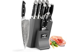 NANFANG BROTHERS Set di Coltelli da Chef Damasco, Ceppo di Coltelli in Legno di Faggio con Set di Coltelli da Cucina, Giapponese Set di Coltelli da Cucina VG10 Steel Grigio