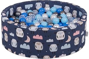 KiddyMoon Baby Foam Ballpit With Balls 90X30cm/200 Balls ∅ 7Cm / 2.75In Round, Sheep-Dblue:Pearl/Blue/Babyblue/Transparent/Silver