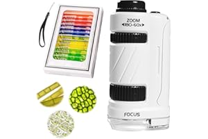 DAZZTIME Microscopio Tascabile per Bambini 60x-180x - Portatile Con 12 Vetrini, Illuminazione LED e Giocattoli Sperimentali