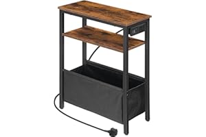 HOOBRO Narrow Side Table, Slim Bedside Table with Charging Station for Small Space, USB Ports and Power Outlet, 40 x 20 x 60 cm, for Living Room, Rustic Brown and Black EBF125KBZ01
