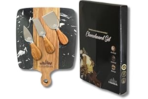 UrbanSleek Tabla de Madera y Mármol para Quesos y Charcutería - Set con 3 Cuchillos para Queso, Embutidos y Caja de Regalo Elegante