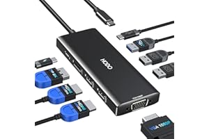 HODO Docking Station Dual Monitor, Laptop Docking Stations 3 Monitors Quad Display, 9 in 1 USB C Hub Multiport Adapter with 2 HDMI 4K+ DisplayPort 8K+VGA+4 USB+PD, USB-C Dock for Dell/HP/Lenovo/Surface