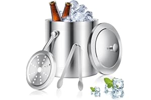 Auauraintt 2L Paroi en Acier Inoxydable Seau a Glacon, avec couvercle, pince, passoire et poignée, seau à glace isolé à double paroi, pour fêtes, bière,cocktails, vin frais, champagne
