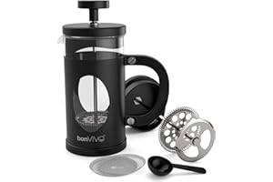bonVIVO GAZETARO I Caffettiera French Press (Caffettiera Pressofiltro) Di Design In Acciaio Inox e Vetro, Nero Mat, Caffettiera Francese, Con Rifinitura Argento e Filtri. Capacità: 0,35l/350ml
