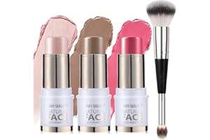 Joyeee Juego de 3 Barras de Contorno con Brocha, Barras de Contorno, Barra de Colorete, Highlighter Stick, Resistente al agua, de larga duración, mezclable