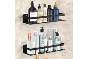 NIKYJM Duschablage ohne Bohren, 2 Stück Edelstahl Duschkorb mit 4 Haken, Badezimmer Regal, Rostfrei Schwarz Duschregal für Badezimmer und Küche. Tragfähigkeit über 15KG