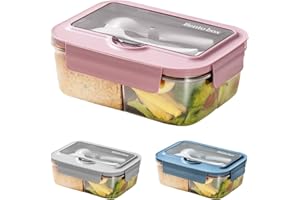BRYN 1400ml Porta Pranzo Ermetico, Lunch Box Microonde, Portapranzo con 3 Scomparti e Posate, Bento Box per Picnic, Campeggio, Fitness, Scuola, Uffici （Rosa）