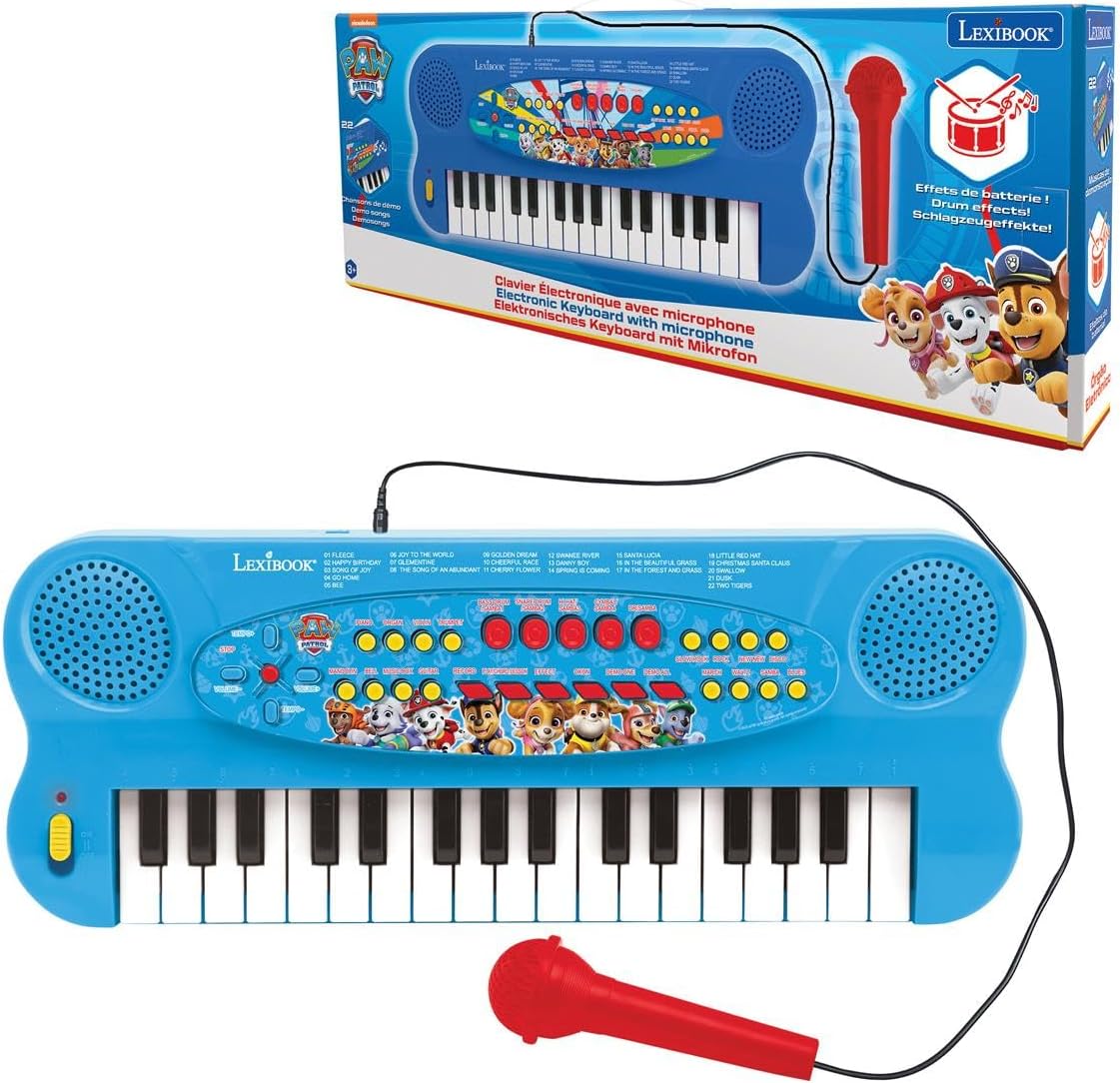 Lexibook Paw Patrol, Teclado electrónico, Piano de 32 Teclas, Micrófono para Cantar, 22 Canciones de demostración, operado con batería, Azul/Rojo, K703PALXB