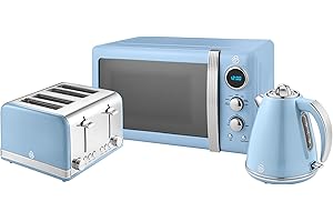 Swan Retro Kitchen Set, 1.5L Fast Boil Kettle & 4 Slice Toaster & 20L Digital Microwave, Blue, SK19020BLN, ST19020BLN, SM22030LBLN