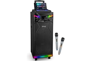 FUNPICK DSP Karaoke Maschine mit 2 Mikrofonen, Tragbarer Bluetooth PA Anlage für Erwachsene, 2 ×10" Woofer Lautsprecher Support Live Streaming DJ Lights/FM Radio für Aufnahmen, YouTube, Tiktok, iOS, Android